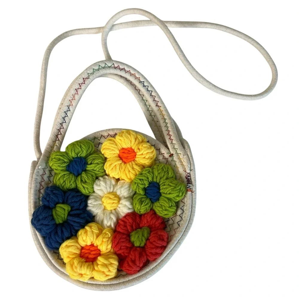 Crochet Floral Crossbody Bag Colorful Flower Boho Cottagecore Woven Open